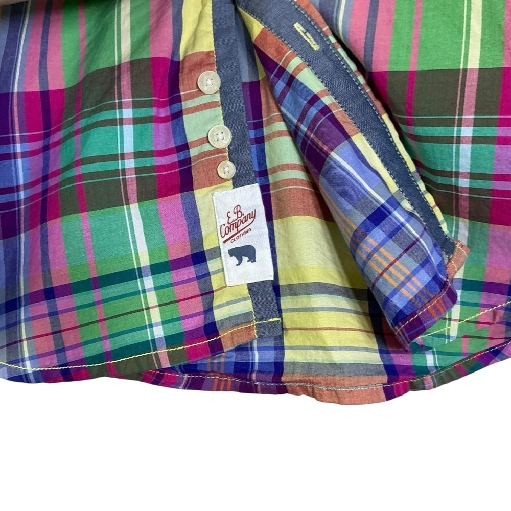 E B Company Vintage Button Down Collar Shirt Madras Plaid Blue Green Men Medium - Picture 4 of 16